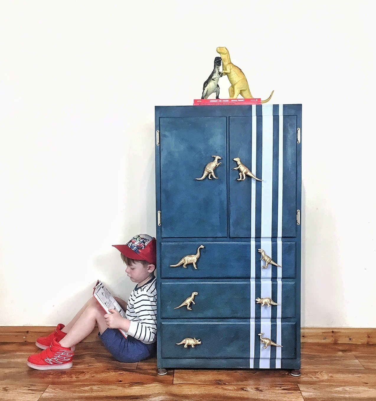 Bespoke Child S Blue Handpainted Cupboard With Dinosaur Knobs