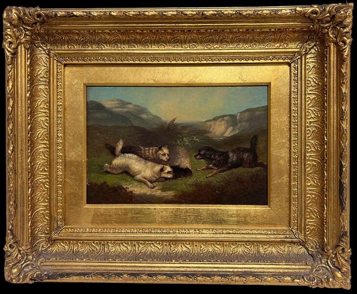 fine-victorian-english-oil-painting-three-terrier-dogs-highland-rabbit
