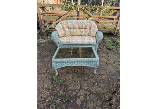 Green Cane Rattan 2 Seater Sofa & Rectangula Coffee Table Conservatory Furniture