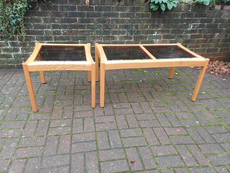 Pair Ercol Windsor Elm Coffee Table & Lamp Table Set Smoky Bevelled ...