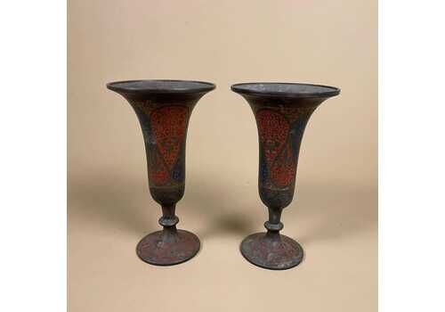 Pair Of Antique Metal Gold Indian Patterned Brass Vase Pot Flute Jardiniere Red Handmade Engraved Painted Intricate Vintage Decorative
