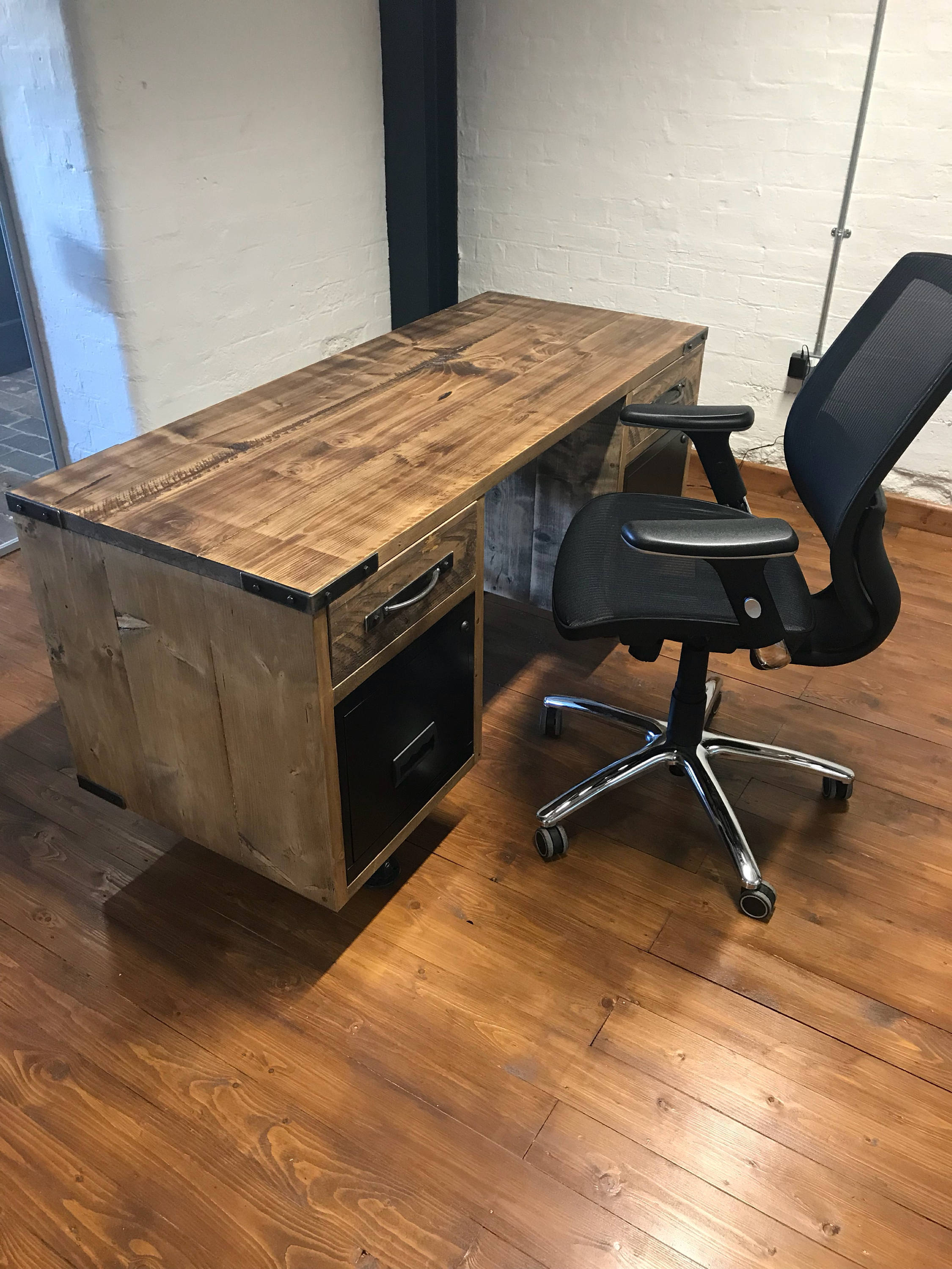 Vintage Industrial Reclaimed Office Desk With Filing Drawers Pedestal Rustic Furniture