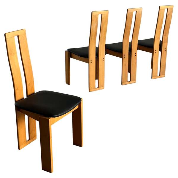Set Of Four High Back Dining Chairs In Beechwood And Black Faux Leather set-of-four-high-back-dining-chairs-in-beechwood-and-black-faux-leather