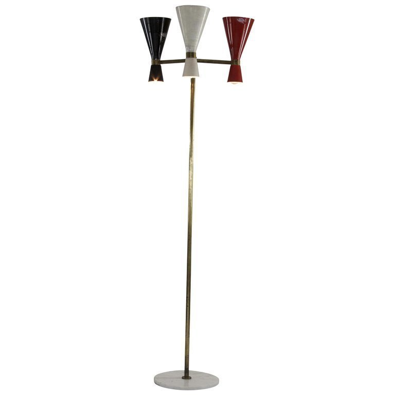 Italian Floor Lamp With Red White Black Colored Metal Shades Marble Base 1950s