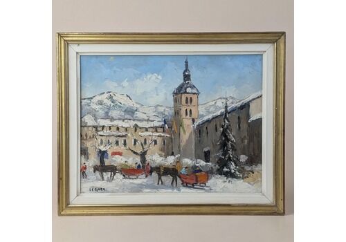 French Alps Winter Village Oil Painting On Canvas: Mid Century Impasto Snow Scene