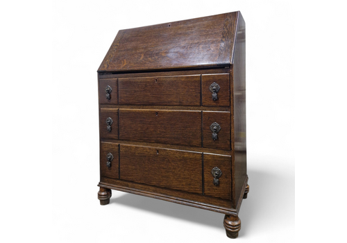 Oak Bureau Writing Desk Drop Front 3 Drawer Turned Feet Antique Vintage