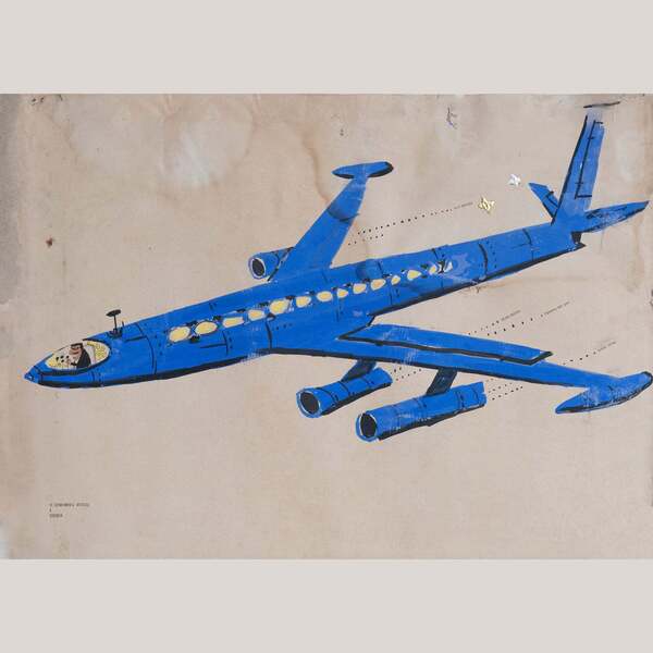 Mid Century Cartoon Jet Airplane Gouache Illustration, 1964 | Vinterior