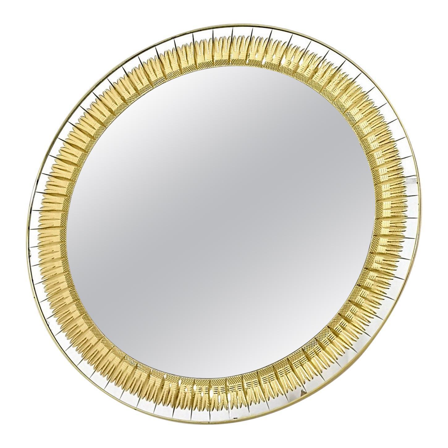 Large Round Wall Mirror By Cristal Art With Gold Engraving Italy 1960s