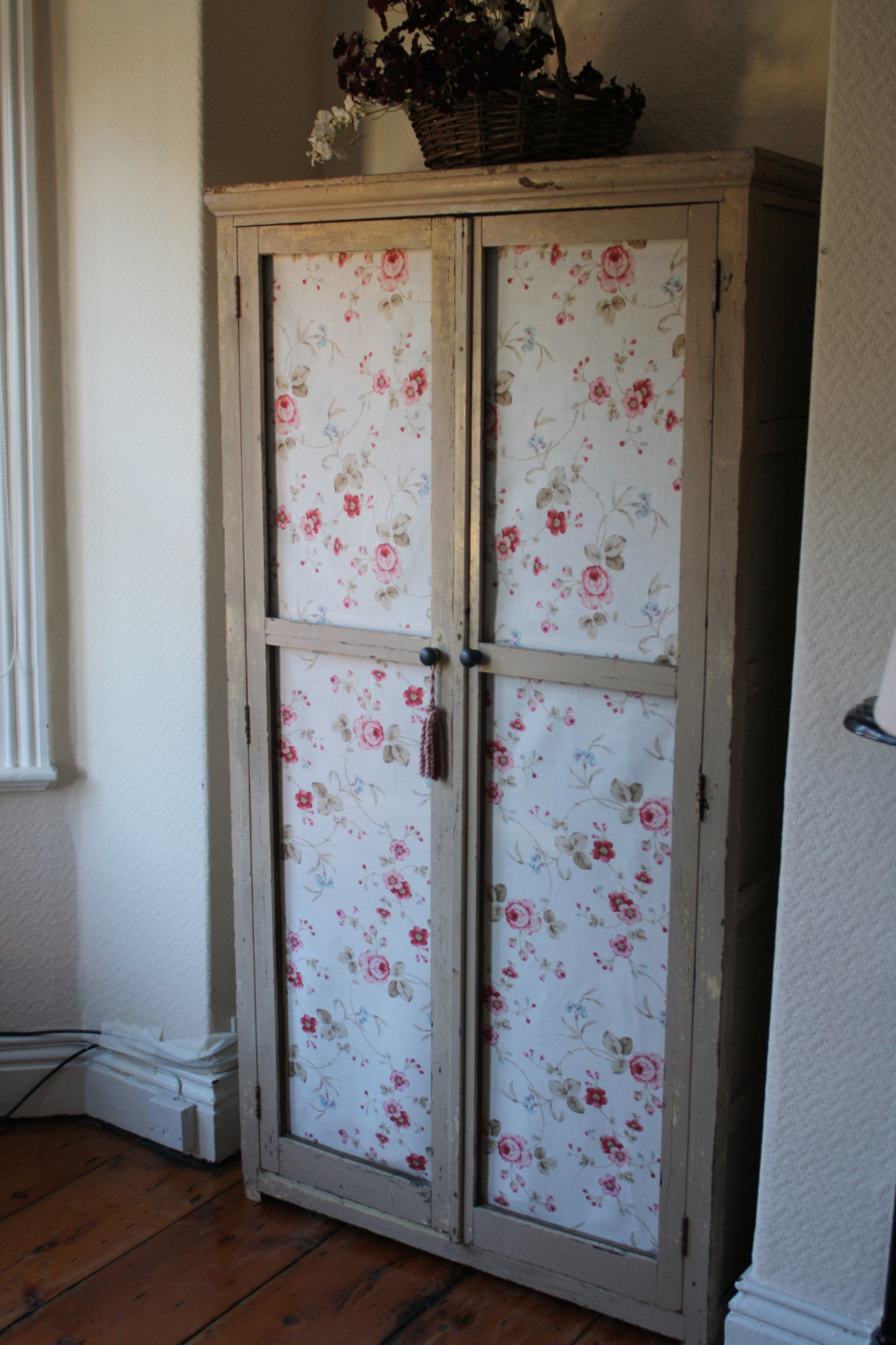 Original Vintage French Linen Cupboard With Fabric Doors And Original