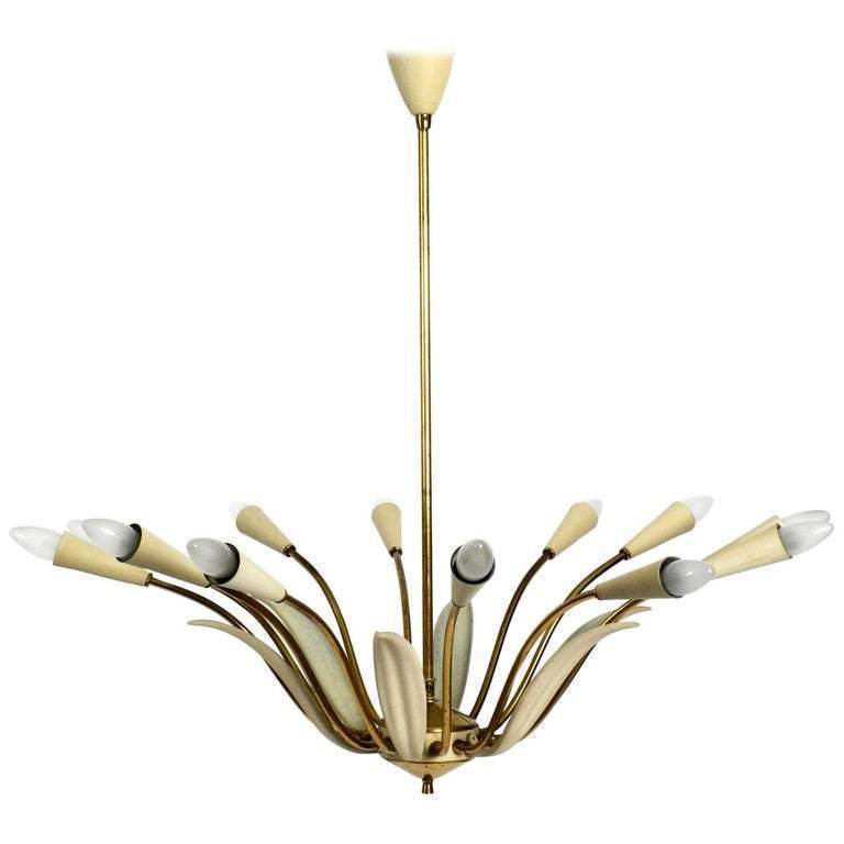 Extra Large Italian Mid Century Modern Brass & Opaline Glass Chandelier, 1960s Extra Large Italian Mid Century Modern Brass & Opaline Glass Chandelier, 1960s