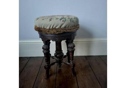 Victorian Mahogany Piano Stool. Tapestry Wooden Seat
