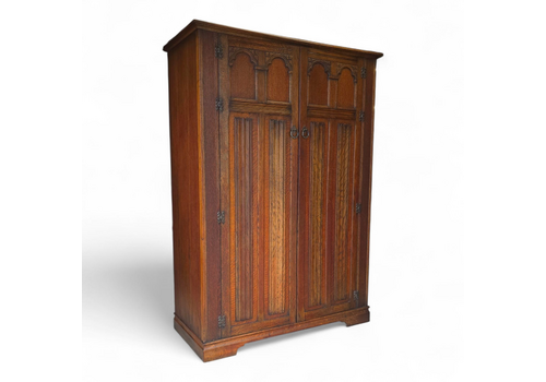 Vintage Carved Oak Crown Furniture  Double Wardrobe Linen Fold Gothic Revival