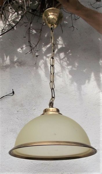 Vintage Glass Pendant Light French Frosted Shade Brass Trim Chain
