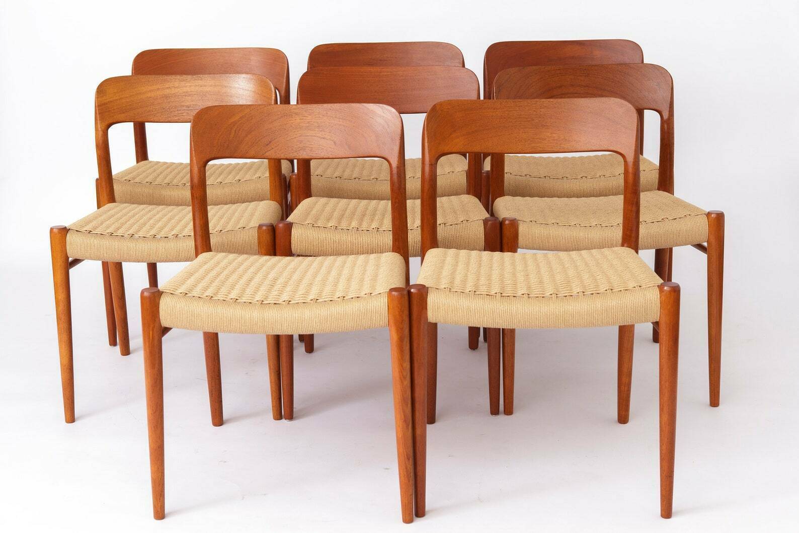 8 Niels Moller Chairs, Model 75, 1950s, Teak Wood, Papercord Seat, Vintage Chairs, Set Of 8, Dining Chairs, Denmark