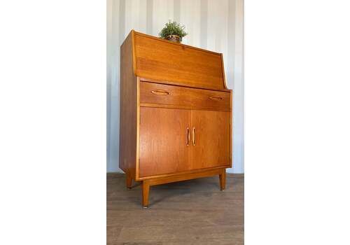 Mid Century Jentique Teak Bureau Desk – Vintage Writing Cabinet With Storage.