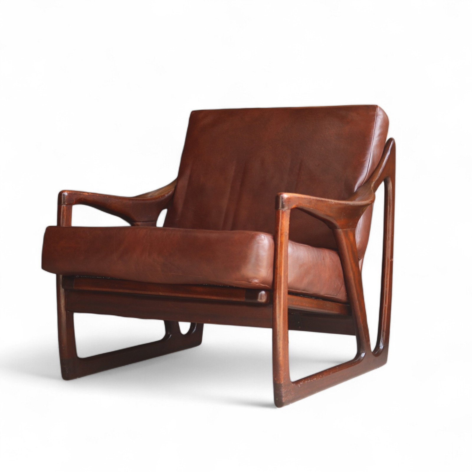 Vintage Mid Century Teak & Brown Leather Lounge Chair | Retro Mcm Armchair 1960s