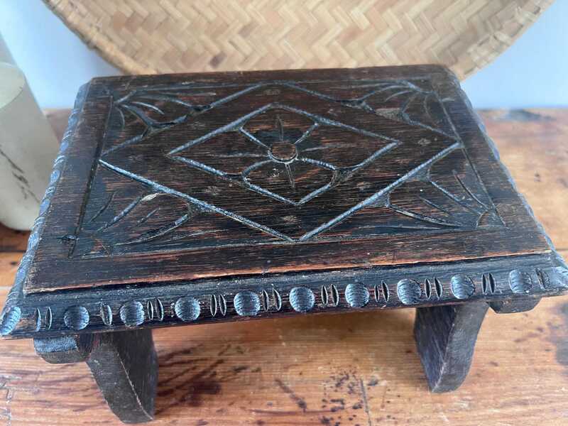 Antique French Rustic Hand Carved Stool – Primitive Oak Footstool, Wabi ...