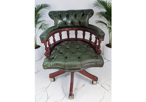 Antique Style Captains Chair Chesterfield Style Green Leather Swivel & Tilt Desk