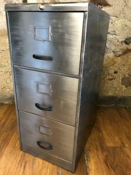 Vintage Stripped Metal 3 Drawer Filing Cabinet Storage Cabinet