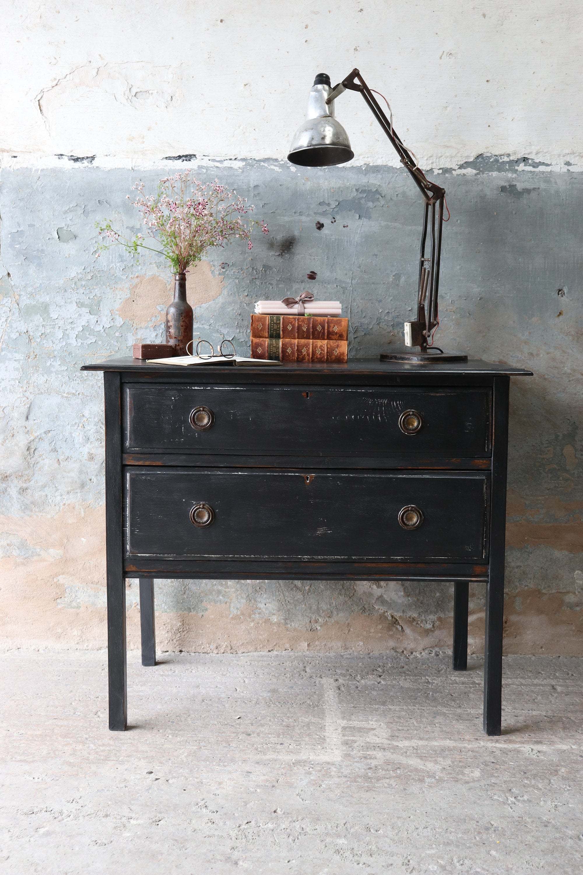 Vintage Black Painted Two Drawer Chest Of Drawers Vinterior