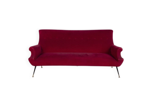1950s Vintage Red Velvet Sofa, Italian Design