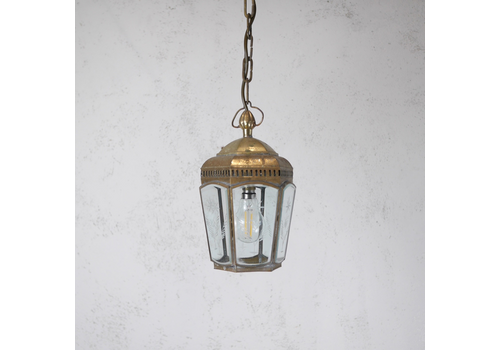 Vintage Brass Etched Glass Hall Light Lantern Pendent Hexagonal Antique #103185