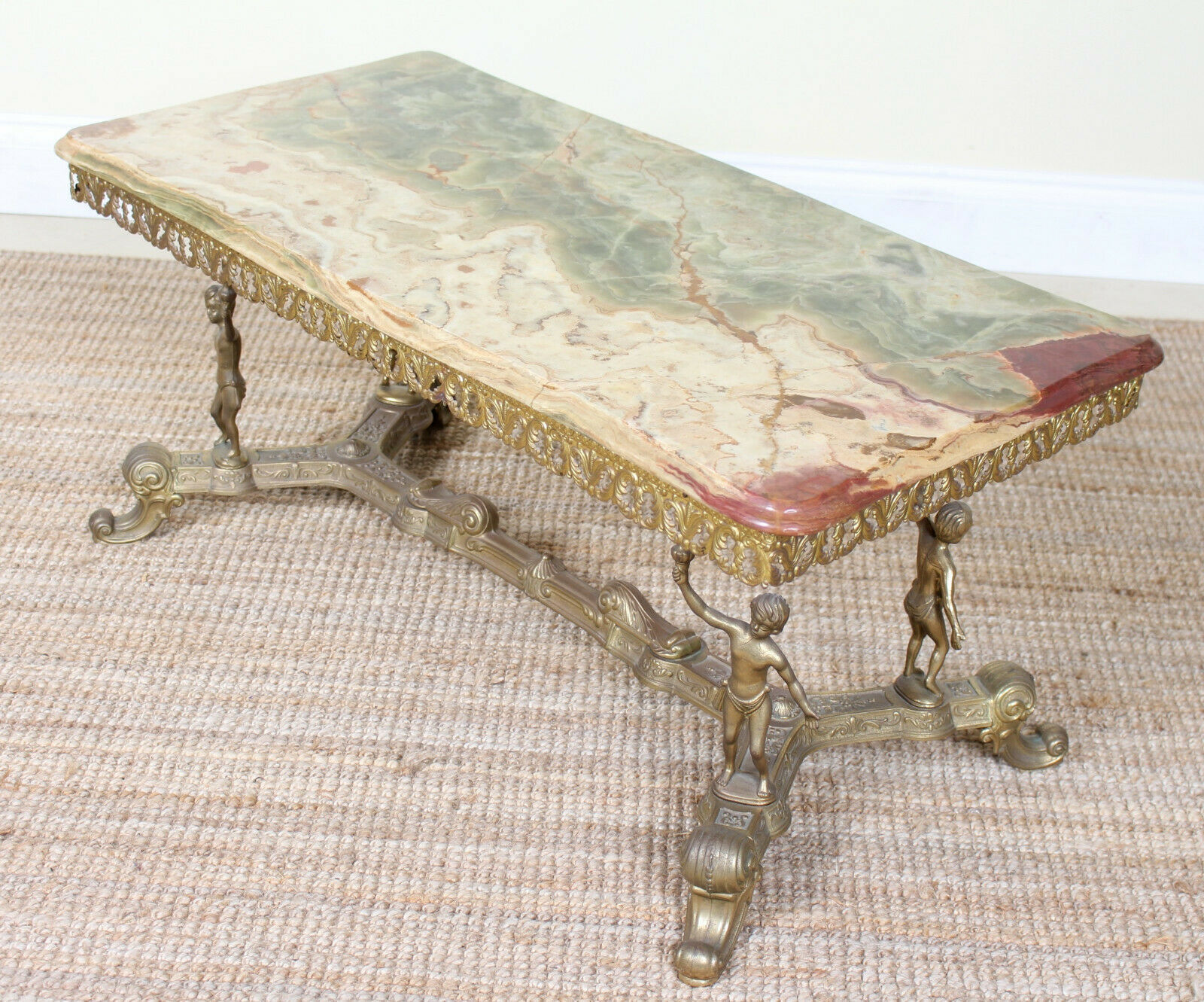Italian Rococo Onyx Marble Coffee Table Cherub Brass Vintage