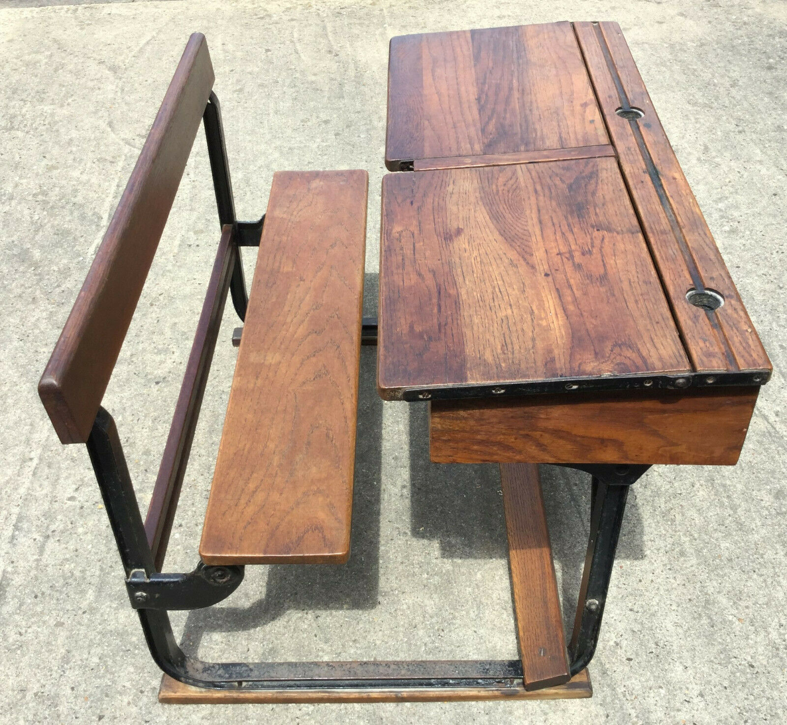 Victorian Antique Oak Cast Iron Child S Double School Desk Great Condition