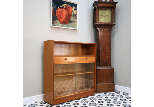 Nathan Teak Slimline Bookcase Wall Unit With Glass Doors And Two Drawers