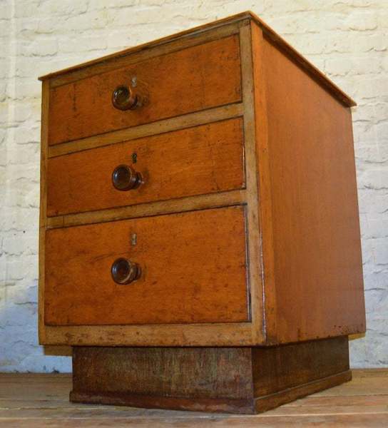 2 Available 1950s Oak Three Draw Bedside Cabinet Industrial