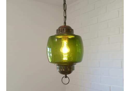 Vintage Green Glass Pendant Light, Mid Century Hanging Lamp, Yugoslavia 1970s