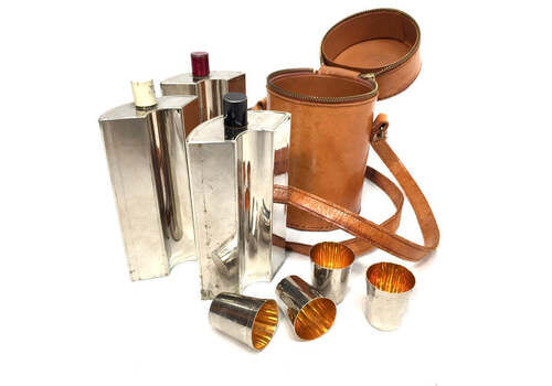 Antique Deco Metal Bottle Hip Flask Set In Original Leather Travel Case C.1930