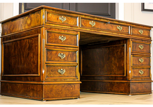 Large Antique Style Burr Walnut Twin Pedestal Partners Leather Top Writing Desk