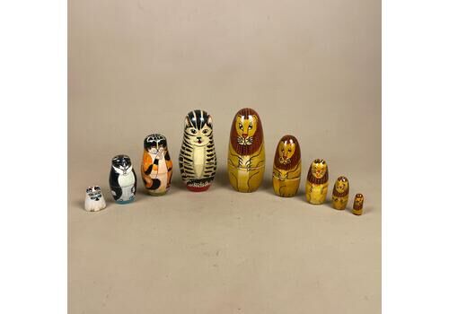 Nesting Dolls Wooden Vintage   Lion And Cat Matryoshka Set   Hand Painted Stacking Animals Decor For Nursery Shelf And Cat Lover Gift
