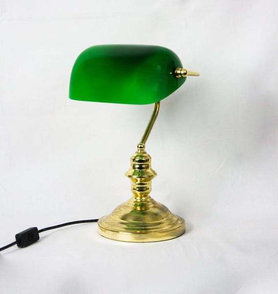 Vintage Art Deco Revival Bankers Desk Lamp Brass And Green Opaline Glass Shade