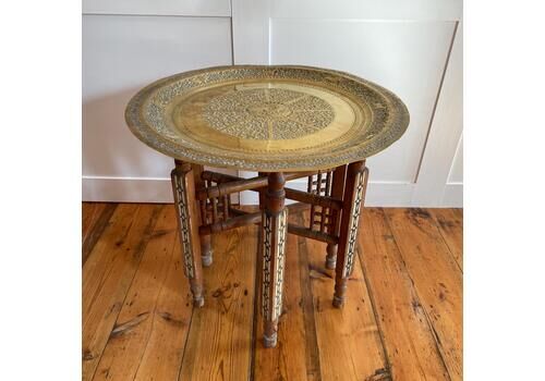Brass Tray Top Table, Wooden Marquetry Inlay Base, Vintage Indian Tea Table, Moroccan Folding Spider Table, Boho Coffee Side Stand