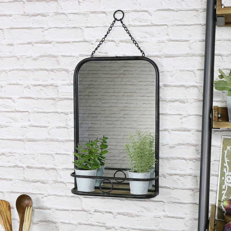 Black Metal Industrial Vanity Wall Mirror With Shelf 32cm X 50cm Industrial Vanity Wall Mirror