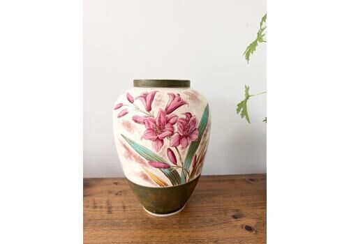 Large Antique Art Nuveau Floral Vase 32cm, Hand Painted Pink Lily Ceramic Urn, Bohemian Austrian Art Pottery, Statement Flower Vase
