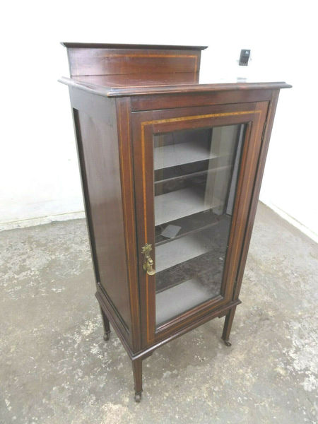 Antique Edwardian Inlaid Small Freestanding Glazed Door Bookcase China Cabinet