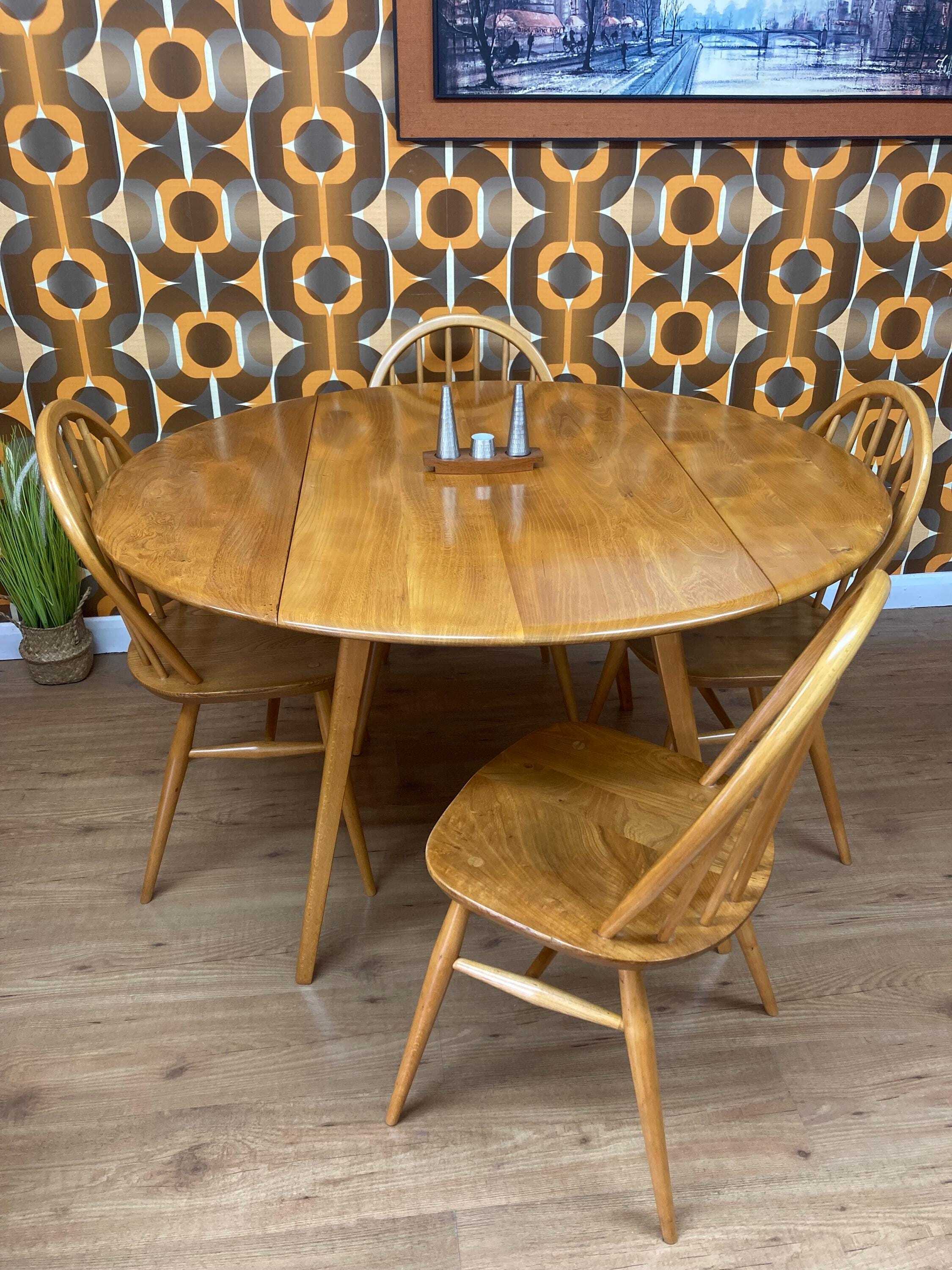 Vintage Mid Century Ercol Drop Leaf Table And Four Windsor Chairs