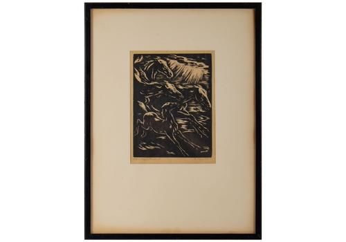 Engraving, Signed, 1928, Representative Stylized Horses Running, Framed