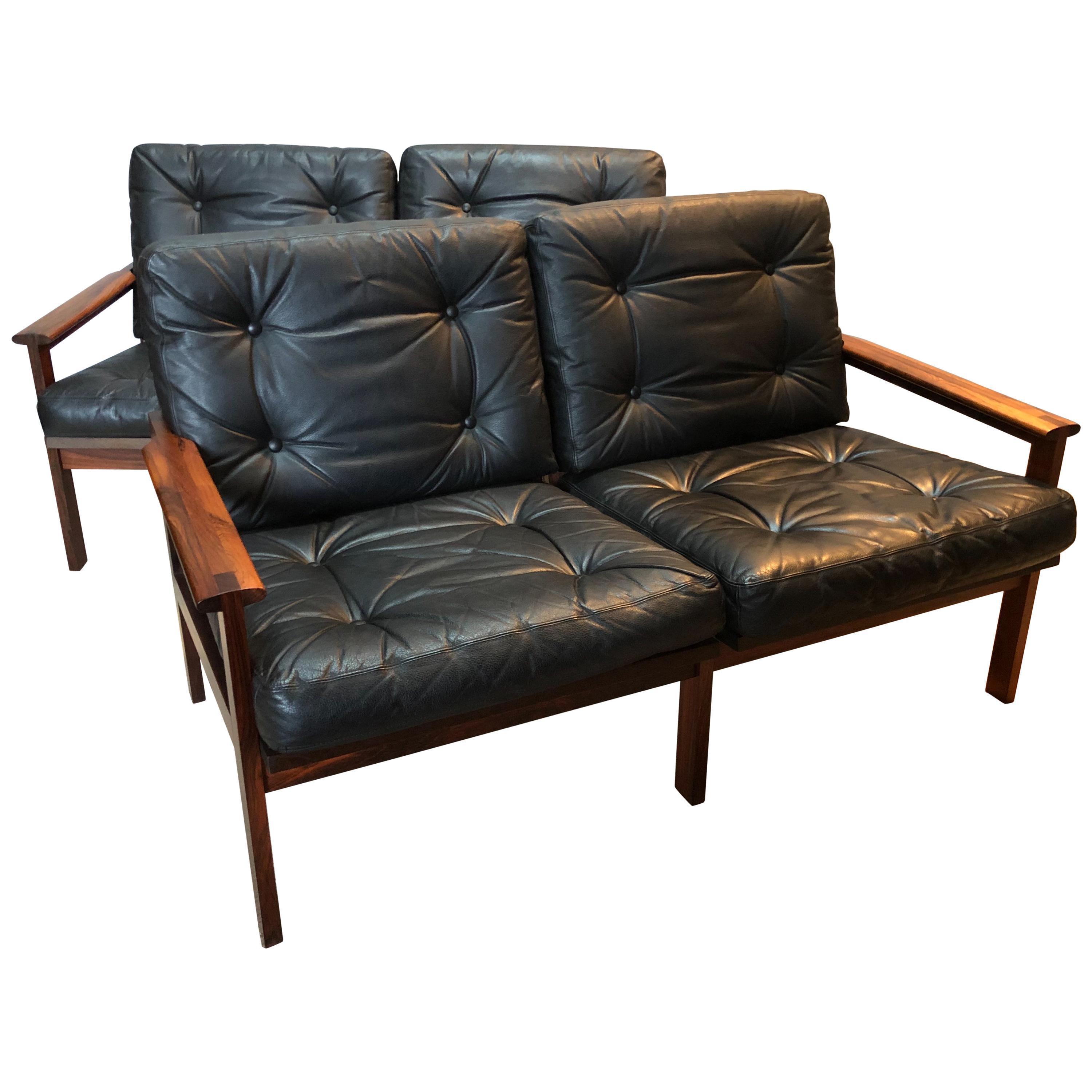 Midcentury Danish Pair Of Rosewood And Leather Sofas By Illum Wikkelso