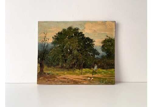 Antiek olieverfschilderij op karton, Frans landschap, gesigneerd Ferdinand Marks