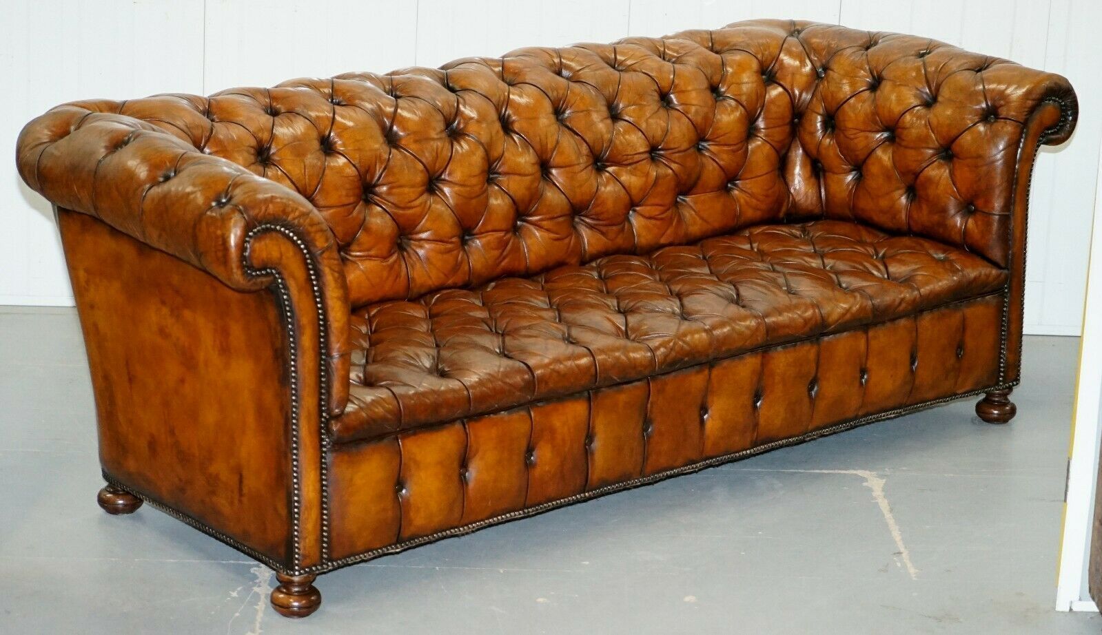 Rare Sloped Back Victorian Chesterfield Hand Dyed Brown Leather