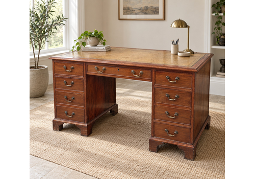 Antique Mahogany Pedestal Desk Leather Top 9 Drawer Kneehole