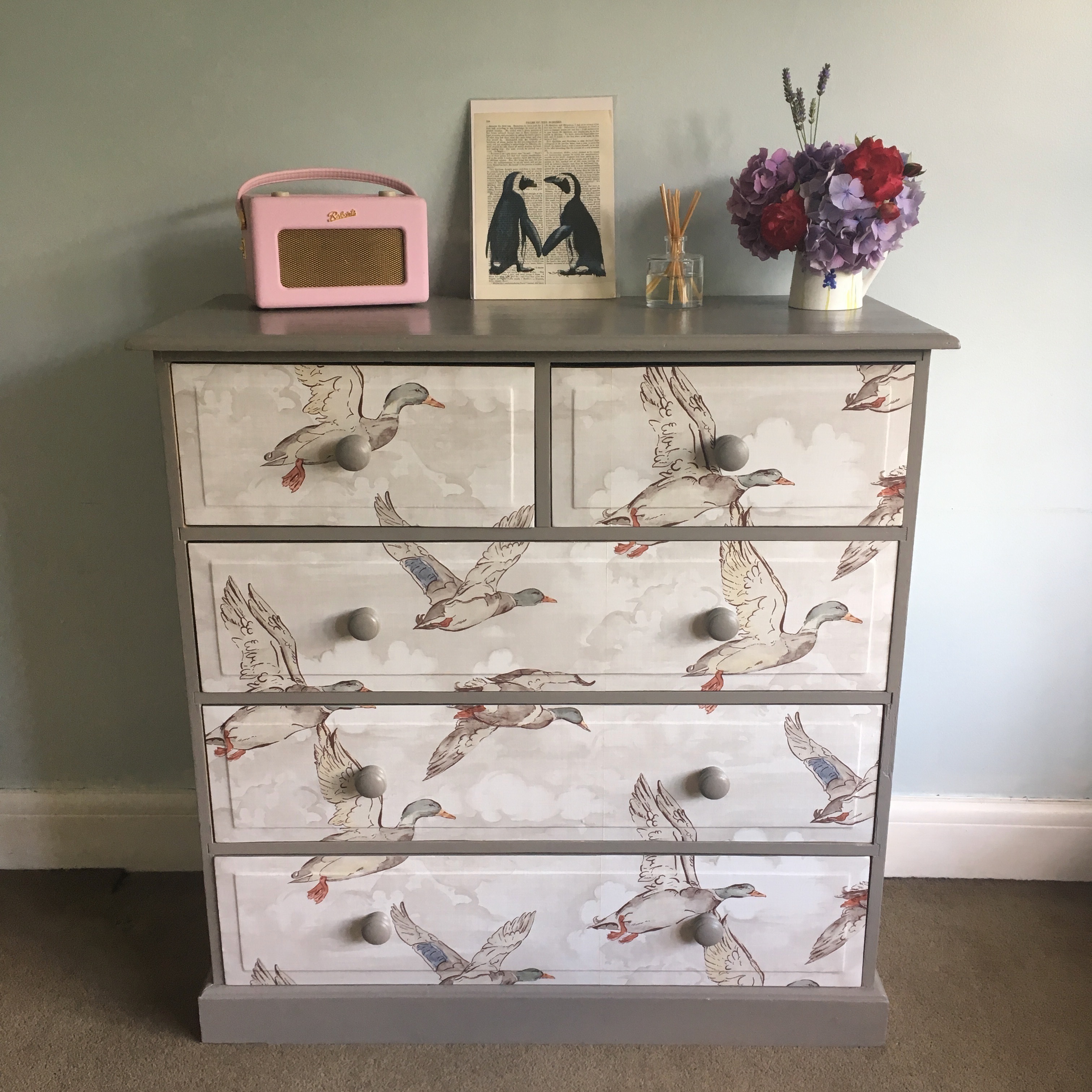 Upcycled Hand Painted Solid Pine Grey Decoupaged Vintage Ducks 5