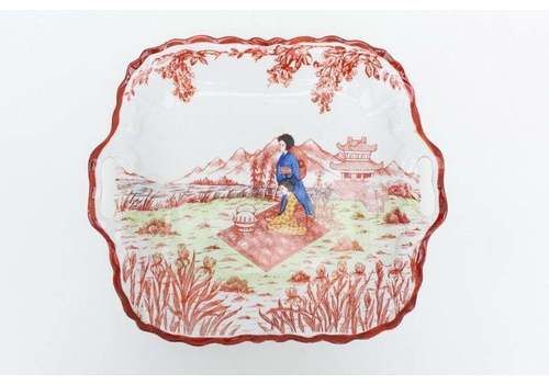 Antique Porcelain Plate, Japanese Serving Platter, Rectangle Platter, Geisha Temple Picnic Mountain Scene, Red Print Handpainted Color
