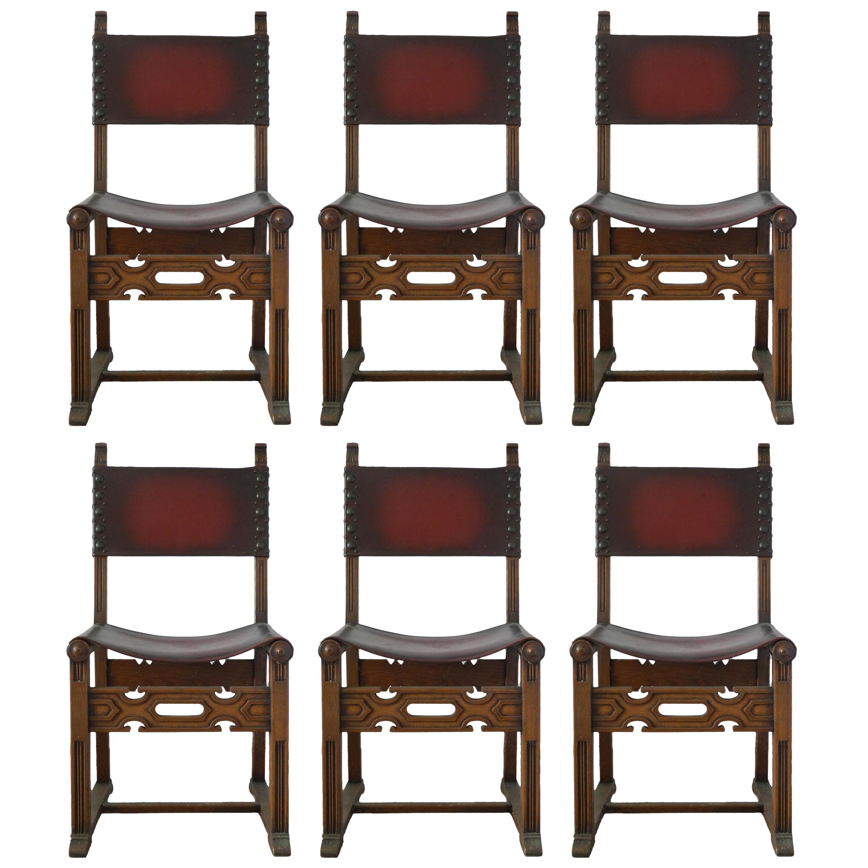 Six Dining Chairs Spanish Circa 1920 Leather Studs Carved Wood