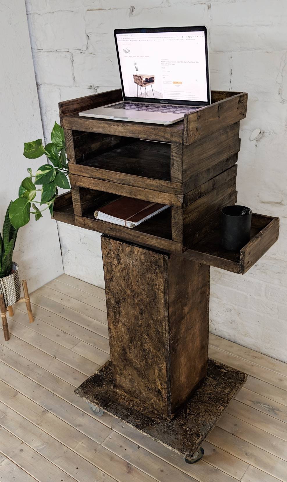 Reclaimed Wood Office Standing Desk Gemba Rustic Mobile Workstation Sit Stand Table For Laptop In Roast Coffee Finish With Wheels Reclaimed Wood Office Standing Desk Gemba Rustic Mobile Workstation Sit Stand Table For Laptop In Roast Coffee Finish With Wheels