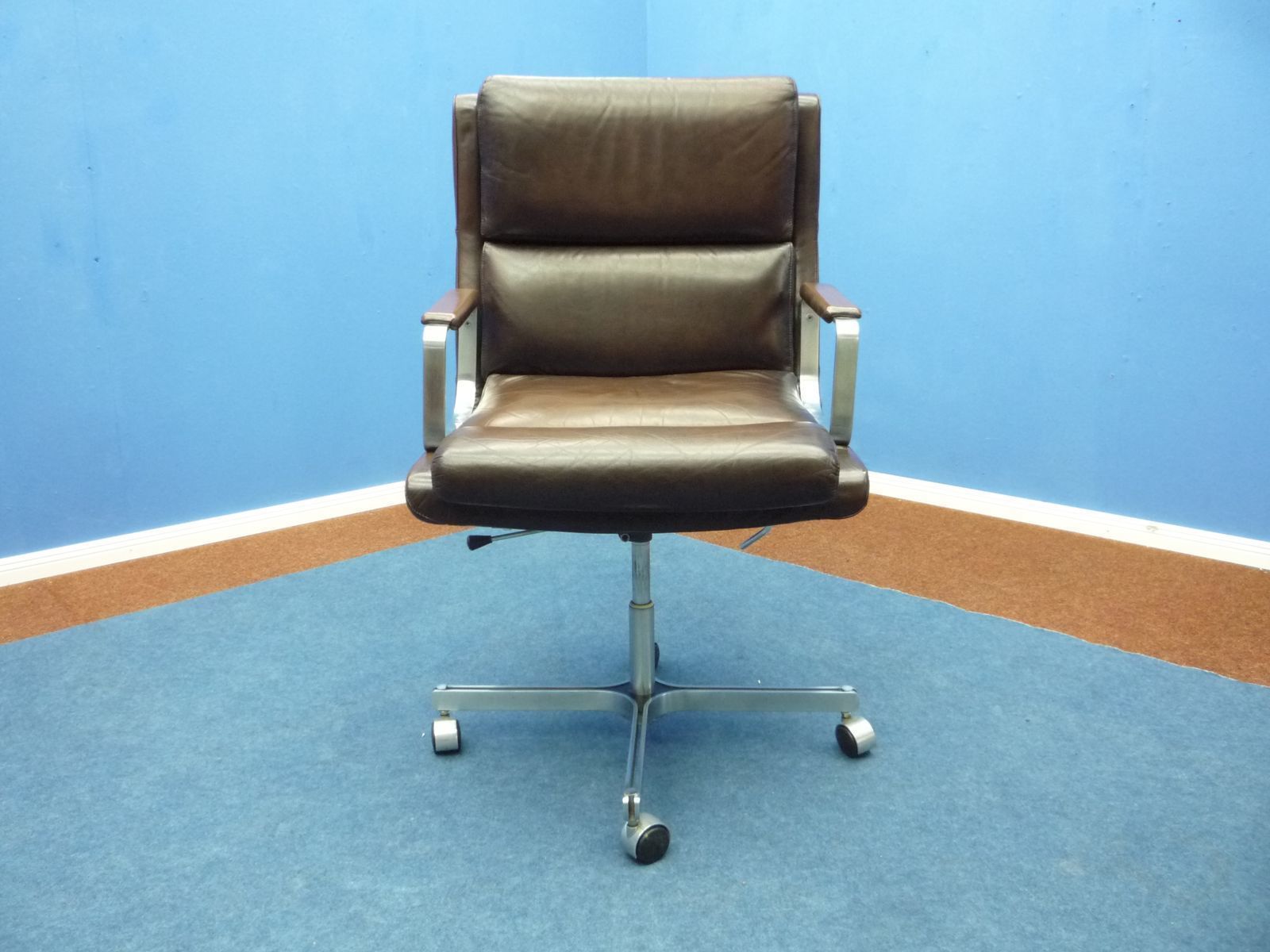 Mid Century French Leather Desk Chair With Stainless Steel Frame 1960s